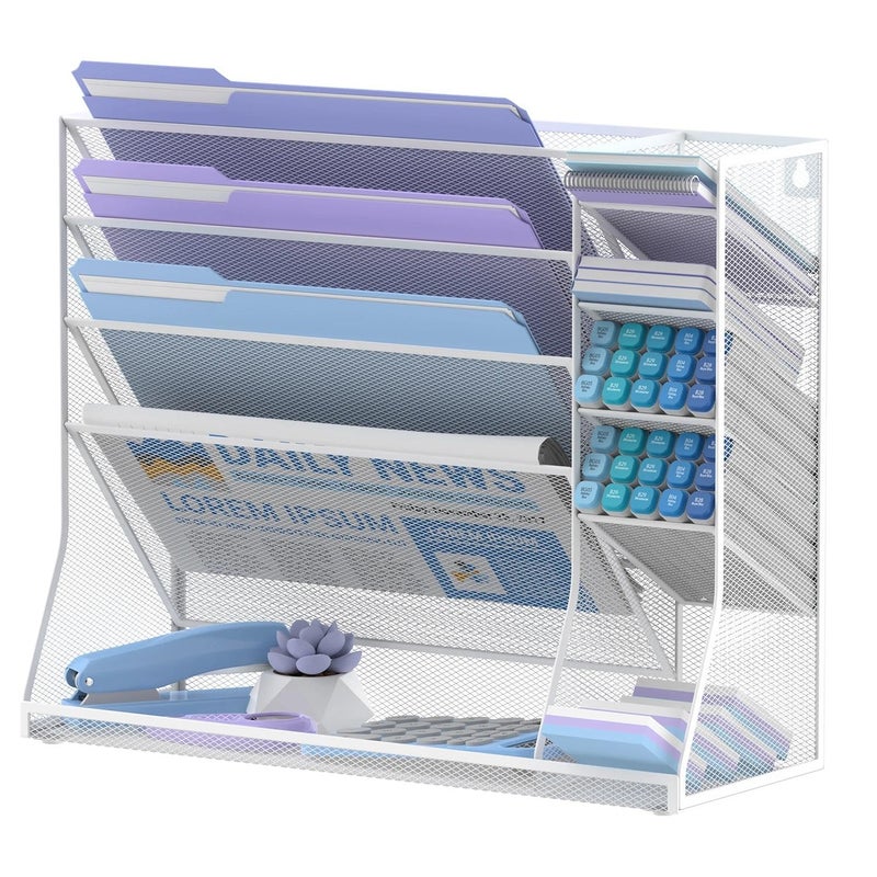 JMHUD Wall File Organizer 5Tier Desk Organizer with 4 Pen Slots Hanging Wall File Folder Holder with Rshaped Bottom Tray Mesh Versatile Mail Holder Desk Organization for Office White - Image 2