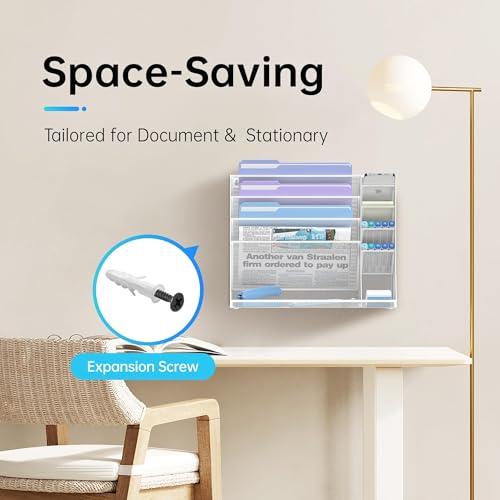JMHUD Wall File Organizer 5Tier Desk Organizer with 4 Pen Slots Hanging Wall File Folder Holder with Rshaped Bottom Tray Mesh Versatile Mail Holder Desk Organization for Office White - Image 3