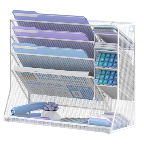 JMHUD Wall File Organizer 5Tier Desk Organizer with 4 Pen Slots Hanging Wall File Folder Holder with Rshaped Bottom Tray Mesh Versatile Mail Holder Desk Organization for Office White - Image 1