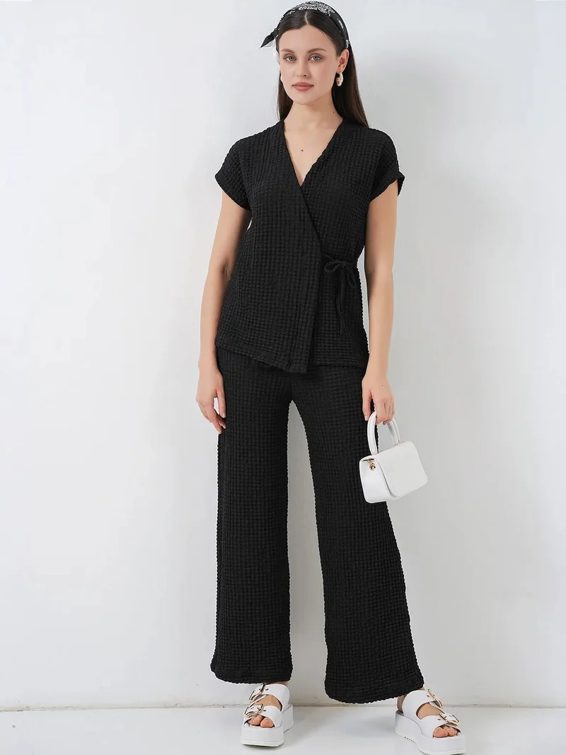 BIG DART BDART Textured V-Neck Tie Detail Two-Piece Coord Set