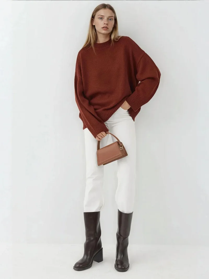 Hiccup Brick Red Crew Neck Cozy Sweater for Women | Best Price UAE