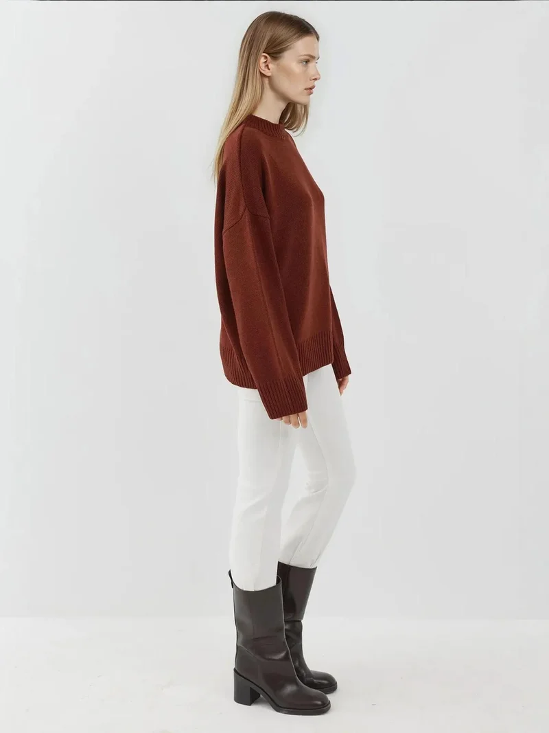 Hiccup Brick Red Crew Neck Cozy Sweater for Women | Best Price UAE