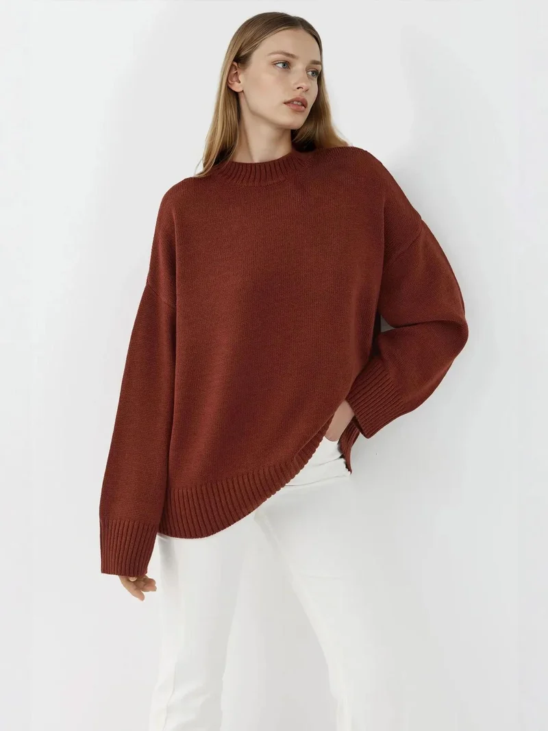 Hiccup Brick Red Crew Neck Cozy Sweater for Women | Best Price UAE
