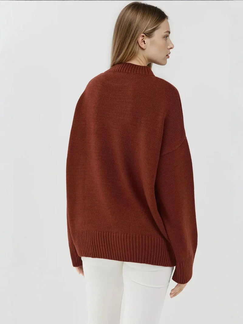 Hiccup Brick Red Crew Neck Cozy Sweater for Women | Best Price UAE