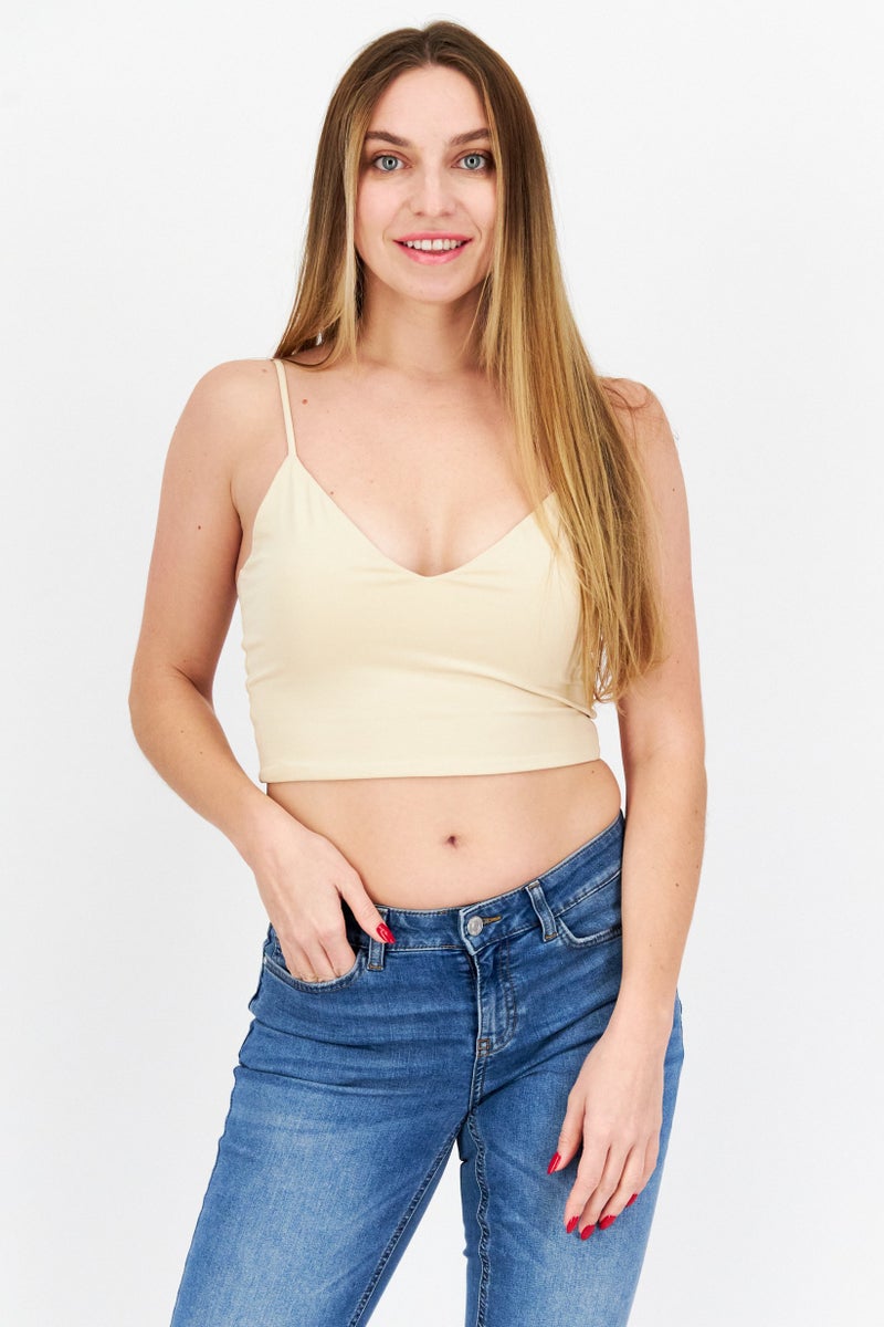 BB Dakota Women V-Neck Sleeveless Plain Top, Beige - Image 1