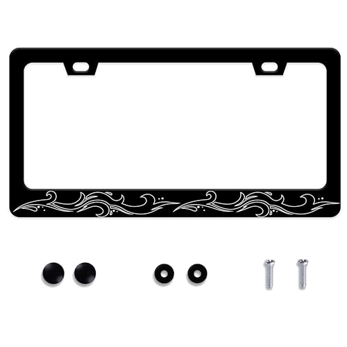 UNINDREM Ocean Waves License Plate Frame Black White Sea Wave Stainless Steel License Plate Frame RustProof Auto Parts Decoration with Screws License Plate Holder for Men Women Youth 12x6 Inch - Image 1