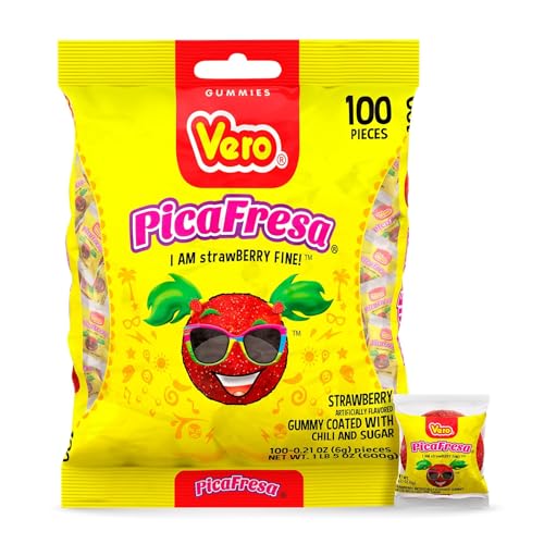 Vero PicaFresa  Strawberry Flavored Chewy Gummy Candy Treats  100 Piece  1 LB 515 Ounces Each  Individually Wrapped Mexican Candy Perfect for Piatas Halloween and More - Image 1