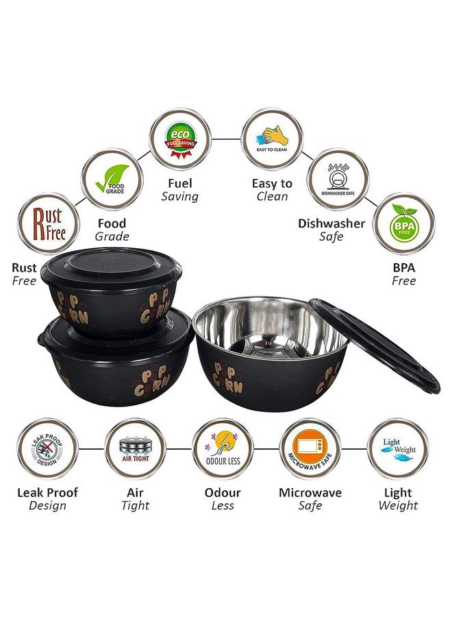 Zaib Stainless Steel Micrwoave Safe Containers with Lid for Kitchen Food Stroage | Euro Mixing Bowls 14cm, 16cm, 18cm (Classic Popcorn 3) - Image 2