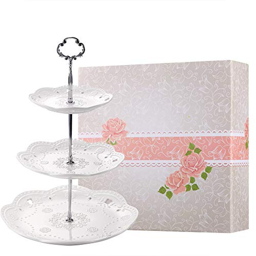 BonNoces 3-Tier Porcelain Cupcake Stand Serving Tray - White Embossed Elegant Dessert Cake Stand - Pastry Serving Stand for Tea Party, Wedding and Birthday - Image 1