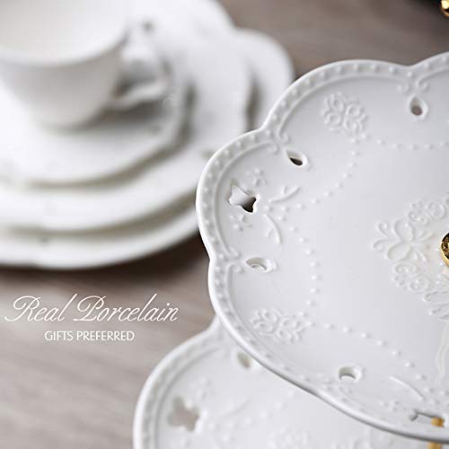 BonNoces 3-Tier Porcelain Cupcake Stand Serving Tray - White Embossed Elegant Dessert Cake Stand - Pastry Serving Stand for Tea Party, Wedding and Birthday - Image 3