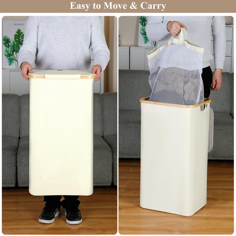 iEGrow Laundry Basket with Lid, 110L Large Laundry Hamper with Handle and Lid, Collapsible Clothes Basket Organizer with Removable Inner Bag for Clothes Toys Towels - Beige - Image 2
