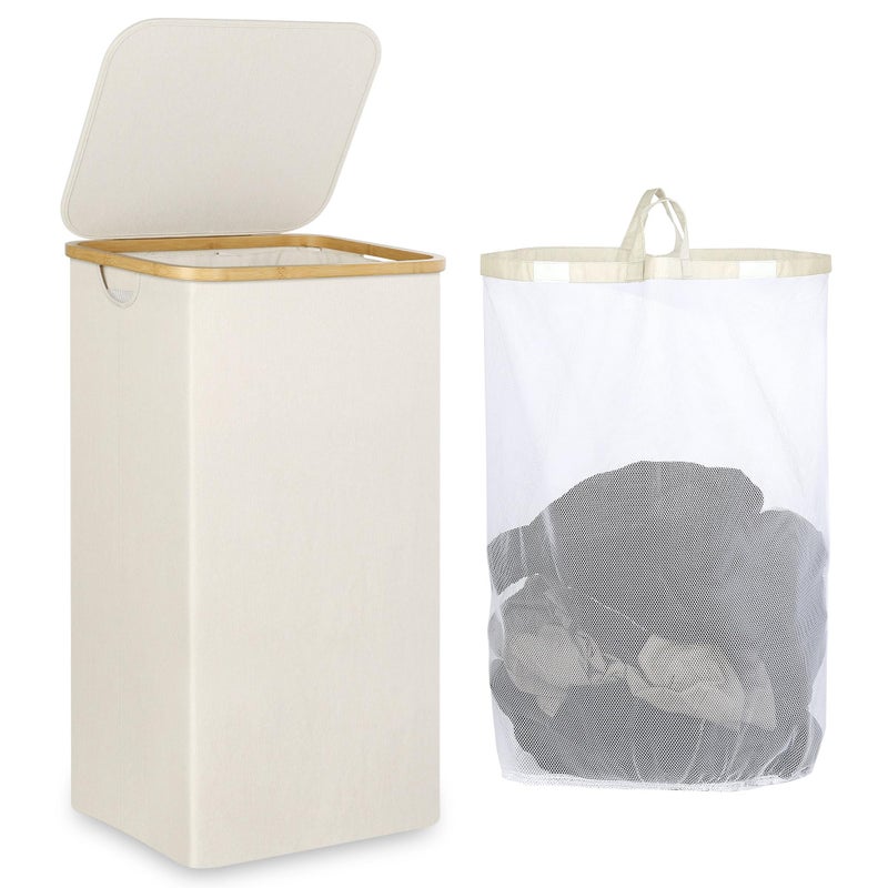 iEGrow Laundry Basket with Lid, 110L Large Laundry Hamper with Handle and Lid, Collapsible Clothes Basket Organizer with Removable Inner Bag for Clothes Toys Towels - Beige - Image 1