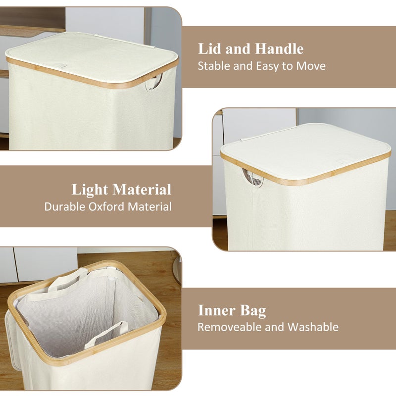 iEGrow Laundry Basket with Lid, 110L Large Laundry Hamper with Handle and Lid, Collapsible Clothes Basket Organizer with Removable Inner Bag for Clothes Toys Towels - Beige - Image 5