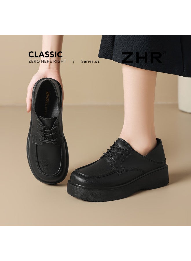 Zhr Zezu Women's Loafers Round Toe Soft Sole Lace-up Small Leather Shoes British Retro Two-wear Jk Flats Qe19 Black Size 35 - Image 2