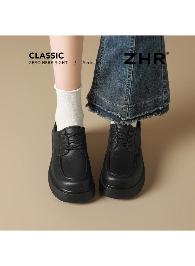 Zhr Zezu Women's Loafers Round Toe Soft Sole Lace-up Small Leather Shoes British Retro Two-wear Jk Flats Qe19 Black Size 35 - Image 1