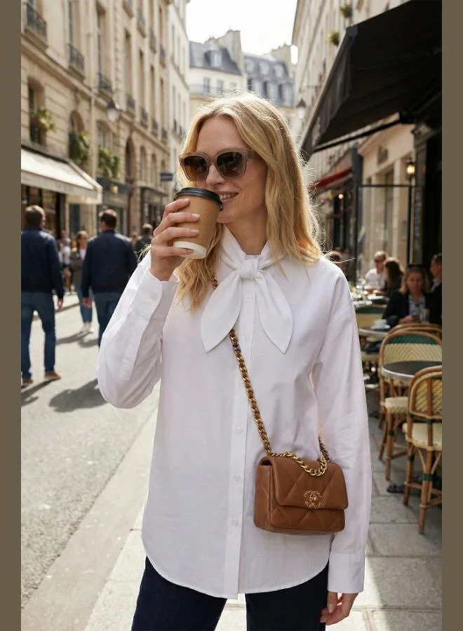 Lela Lela Cotton Relaxed Fit Bow Detail Collar Shirt Women'S Shırt 6925407