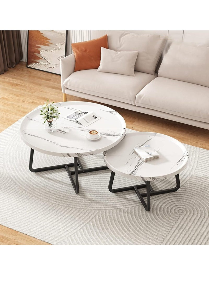 DUSALA - Round End Table Set of 2 Industrial Side Table Nesting Set with Rustic Wood Raised Tray Top Edge and Metal Leg Sofa Tables Coffee Table for Living Room Bedroom Farmhouse Hotel Small Space Waln - Image 1