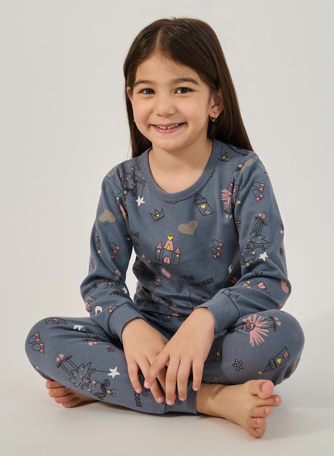 ستايلي طقم بيجامة وتيشيرت بياقة دائرية وطبعة شاملة - Image 1