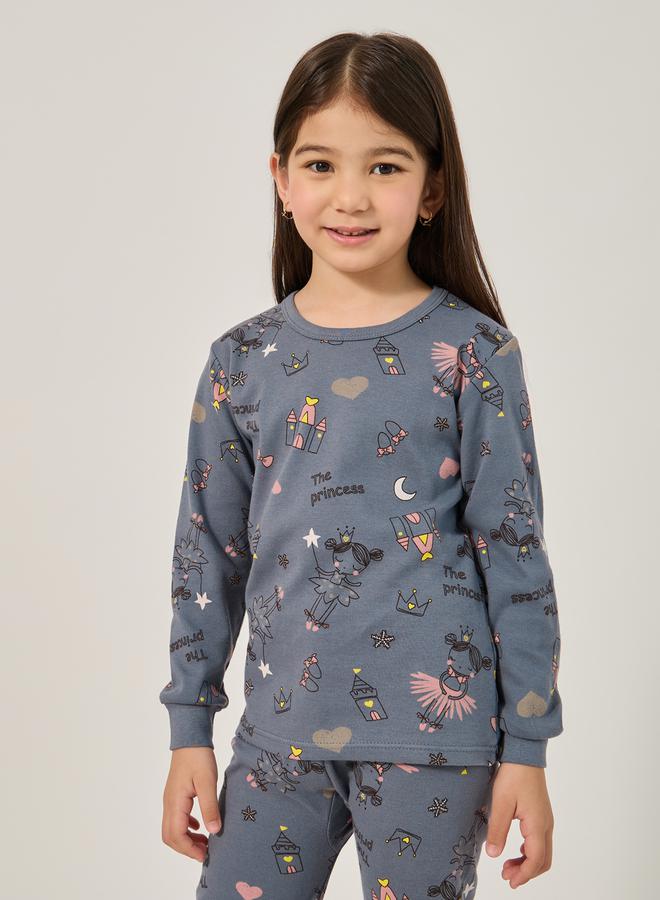 ستايلي طقم بيجامة وتيشيرت بياقة دائرية وطبعة شاملة - Image 3