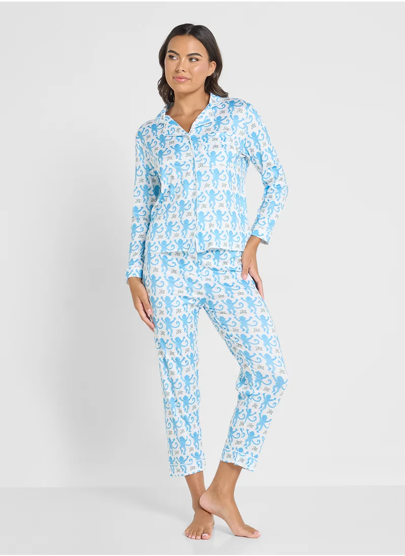 جينجر Floral Printed Button Down Pyjama Set