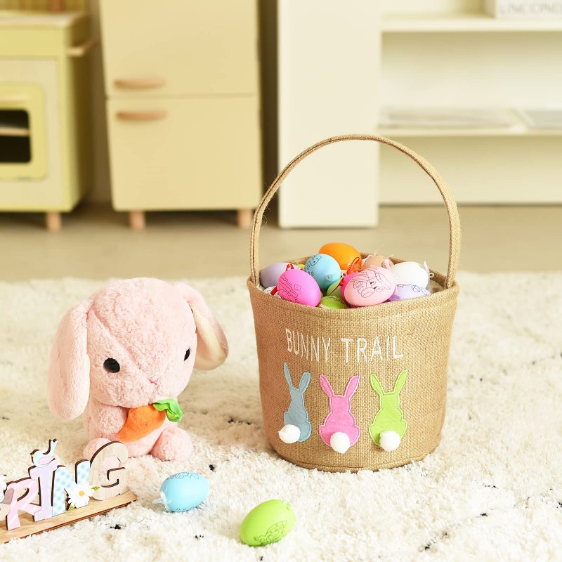 INough Easter Basket Egg Buckets Jute for Kids Rabbit Baskets with Cute Ears, Easter Baskets Stuffers for Babies Bunny Trail Bags Easter Totes for Party - Image 3