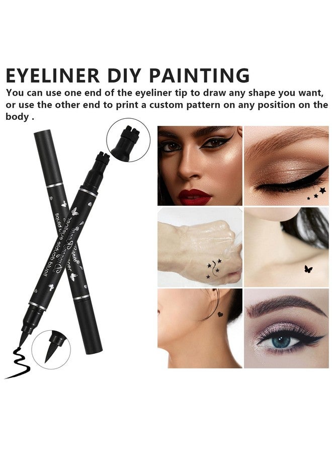 كيو اي يو اف اس اس اي مجموعة أقلام تحديد العيون السائلة ذات الرأسين المكونة من 5 قطع، قلم تحديد العيون المجنح للنساء باللون الأسود يدوم طويلاً، (قلب/زهرة/نجمة/فراشة/مخروط) - Image 5