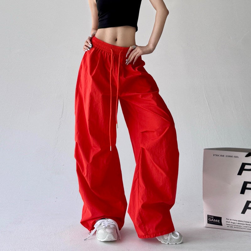 Hot girl wind red paratrooper overalls women's 2025 spring/summer thin pleated quick-drying wide-leg floor-dragging casual pants trendy - Image 3
