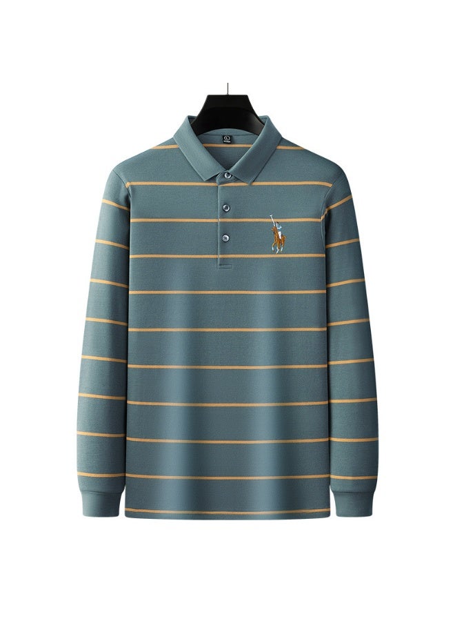 Pure Cotton Long Sleeve Polo Shirt Men's Casual Business Dad Style Striped  Dad Clothing  - Image 1