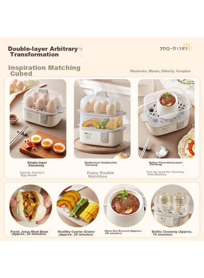 بير Bear Egg Cooker And Steamer، جهاز منزلي متعدد الوظائف مزدوج الطبقات، حماية عالية الحرارة من طباخ البيض الكهربائي الصغير لبودينغ البيض في الإفطار، Zdq-d12r3 مع وعاء البخار - Image 2