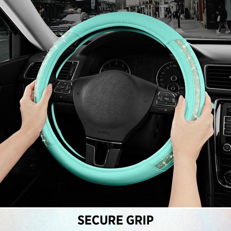 Road Comforts Steering Wheel Cover, Glitter Bling Leather Wheel Cover, Universal Fit 14.5"-15.5" Steering Wheels for Women & Girls, Anti-Slip Car Wheel Protector for Cars, Trucks, Vans, SUVs-Mint - Image 5