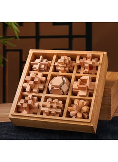 Lu Ban Lock Kong Ming Lock Full Set Of Children's Benefit Intelligence Solution For Primary School Students Nine-chain Adult High Difficulty Building Blocks Toys-Color:Deluxe Wooden Box Beech Nine-piece Set "B Package]