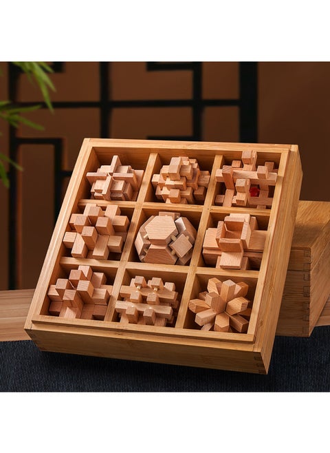 Lu Ban Lock Kong Ming Lock Full Set Of Children's Benefit Intelligence Solution For Primary School Students Nine-chain Adult High Difficulty Building Blocks Toys-Color:Deluxe Wooden Box Beech Nine-piece Set "B Package]
