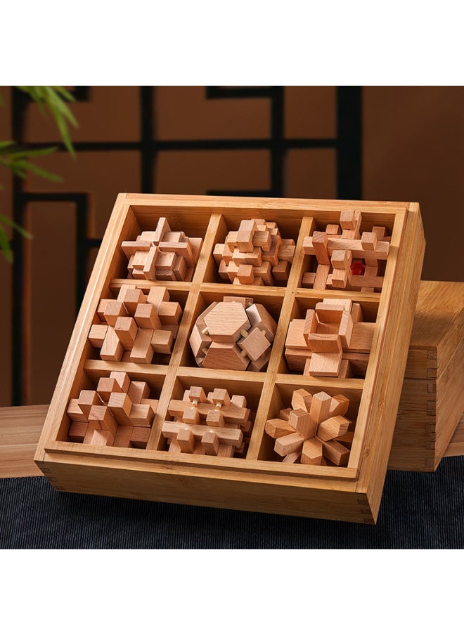 Generic - Lu Ban Lock Kong Ming Lock Full Set Of Children's Benefit Intelligence Solution For Primary School Students Nine-chain Adult High Difficulty Building Blocks Toys-Color:Deluxe Wooden Box Beech Nine-piece Set "B Package] - Image 1