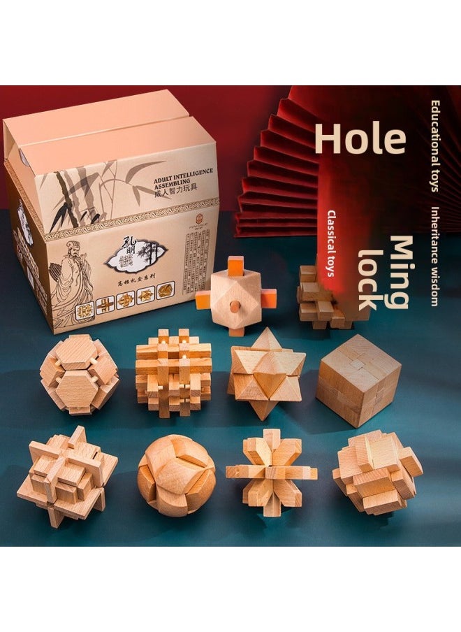 Generic - Lu Ban Lock Kong Ming Lock Full Set Of Children's Benefit Intelligence Solution For Primary School Students Nine-chain Adult High Difficulty Building Blocks Toys-Color:Deluxe Wooden Box Beech Nine-piece Set "B Package] - Image 1