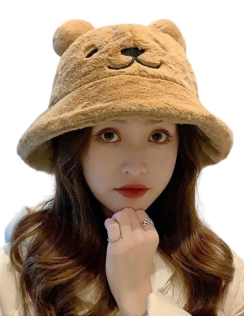 Trenderrs Women's Cute Bear Ear Plush Bucket Hat  - Image 1
