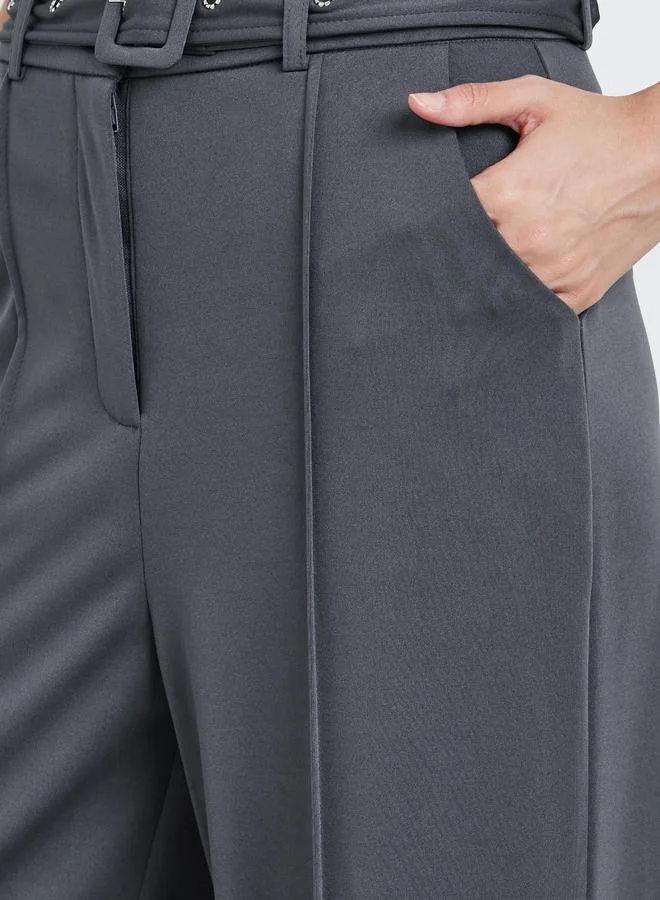 Styli Women Charcoal Wide Leg Trousers with Pintuck Detail