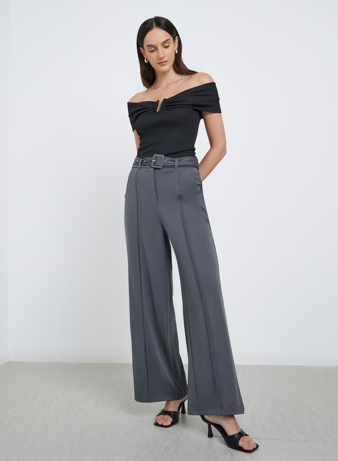 ستايلي بنطلون واسع نسائي مخطط بالفحم مع تفاصيل ثنيات - Image 1