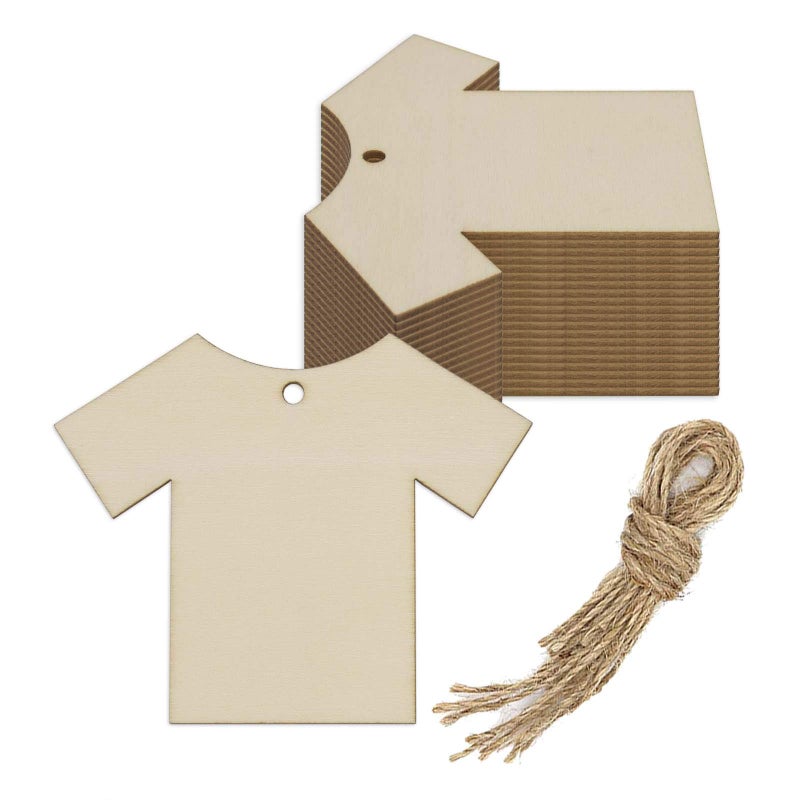 Creaides 20pcs Clothes Wood DIY Crafts Cutouts Wooden Sport Shirt Shaped Hanging Ornaments Whit Ropes Wood Tags for DIY Projects Home Decoration