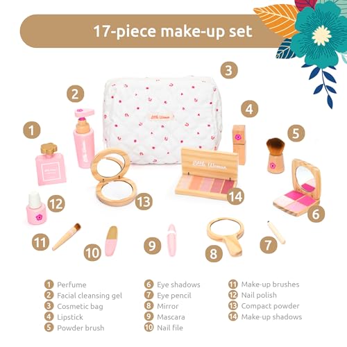 UMU® Wooden Pretend Makeup Kit for Toddlers – Realistic Toy Beauty Set for Girls with Lipstick, Mirror, Perfume, Powder & Cosmetic Bag – Play Makeup for Kids Ages 3 4 5 6 - Image 5