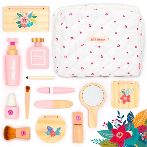 UMU® Wooden Pretend Makeup Kit for Toddlers – Realistic Toy Beauty Set for Girls with Lipstick, Mirror, Perfume, Powder & Cosmetic Bag – Play Makeup for Kids Ages 3 4 5 6 - Image 1