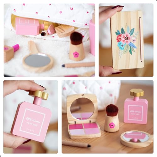 UMU® Wooden Pretend Makeup Kit for Toddlers – Realistic Toy Beauty Set for Girls with Lipstick, Mirror, Perfume, Powder & Cosmetic Bag – Play Makeup for Kids Ages 3 4 5 6 - Image 3