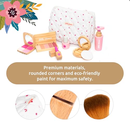 UMU® Wooden Pretend Makeup Kit for Toddlers – Realistic Toy Beauty Set for Girls with Lipstick, Mirror, Perfume, Powder & Cosmetic Bag – Play Makeup for Kids Ages 3 4 5 6 - Image 2