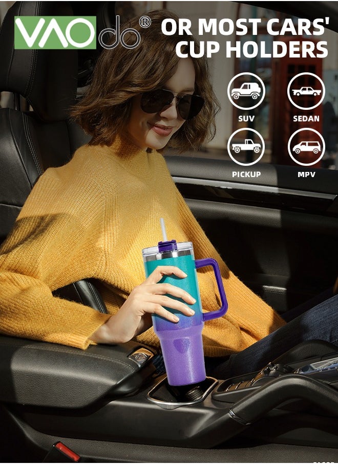 VAOdo - 40 oz Tumbler with Handle and Straw Lid Reusable Stainless Steel Water Bottle Travel Mug Cupholder Friendly Insulated Cup Holiday Gifts for Women Men Him Her Green Purple 1100ML - Image 1