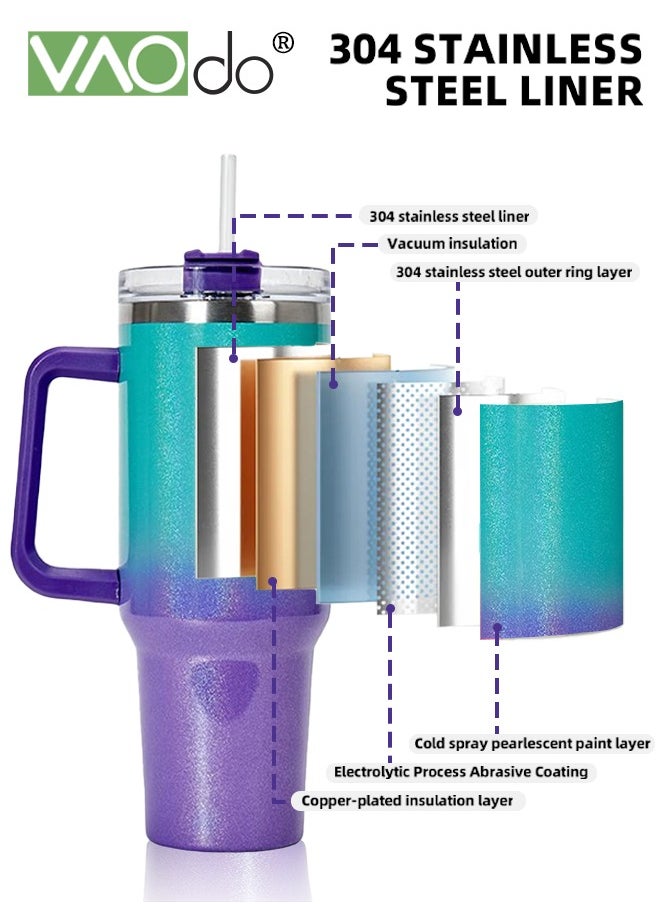 VAOdo - 40 oz Tumbler with Handle and Straw Lid Reusable Stainless Steel Water Bottle Travel Mug Cupholder Friendly Insulated Cup Holiday Gifts for Women Men Him Her Green Purple 1100ML - Image 1