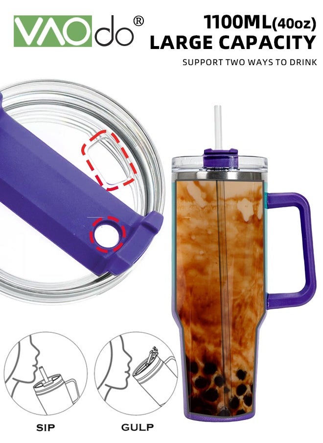 VAOdo - 40 oz Tumbler with Handle and Straw Lid Reusable Stainless Steel Water Bottle Travel Mug Cupholder Friendly Insulated Cup Holiday Gifts for Women Men Him Her Green Purple 1100ML - Image 1