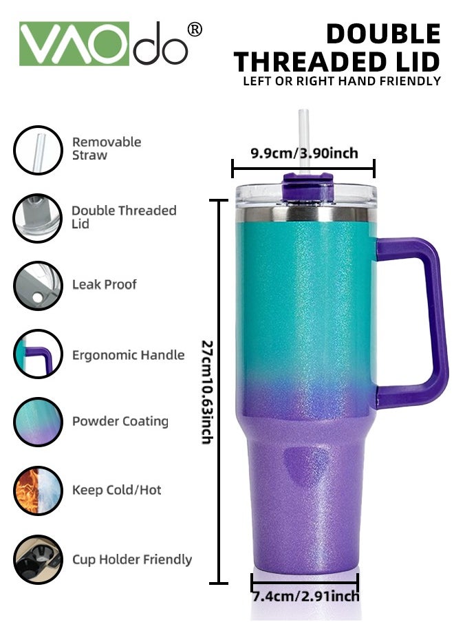 VAOdo - 40 oz Tumbler with Handle and Straw Lid Reusable Stainless Steel Water Bottle Travel Mug Cupholder Friendly Insulated Cup Holiday Gifts for Women Men Him Her Green Purple 1100ML - Image 1