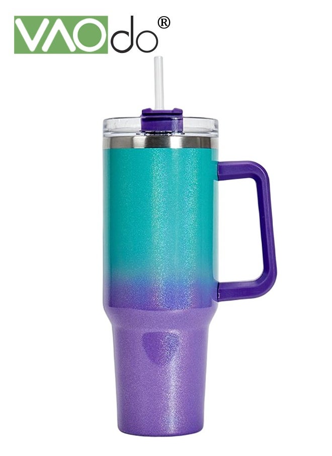 VAOdo - 40 oz Tumbler with Handle and Straw Lid Reusable Stainless Steel Water Bottle Travel Mug Cupholder Friendly Insulated Cup Holiday Gifts for Women Men Him Her Green Purple 1100ML - Image 1