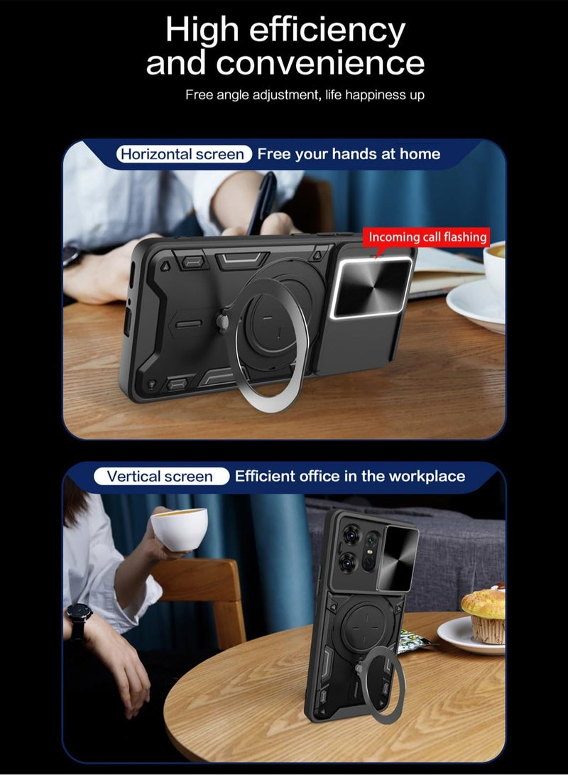 Alyashmac Motorola Edge 50 Pro 5G Case Cover, Slide Camera Lens Cover, 360°Rotating Kickstand Ring, Bumper Shockproof Phone Case，Compatible with Car Magnetic Mount Mobile Phone Case For Motorola Edge 50 Pro 5G Black - Image 4