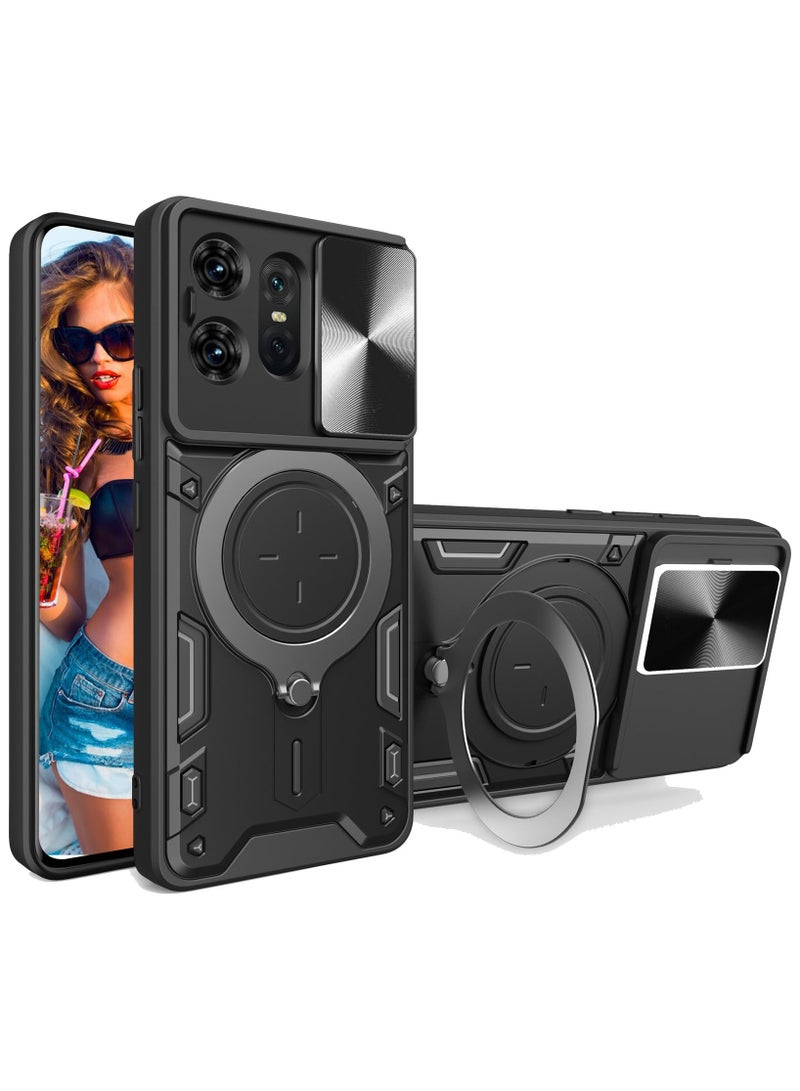 Alyashmac Motorola Edge 50 Pro 5G Case Cover, Slide Camera Lens Cover, 360°Rotating Kickstand Ring, Bumper Shockproof Phone Case，Compatible with Car Magnetic Mount Mobile Phone Case For Motorola Edge 50 Pro 5G Black - Image 1