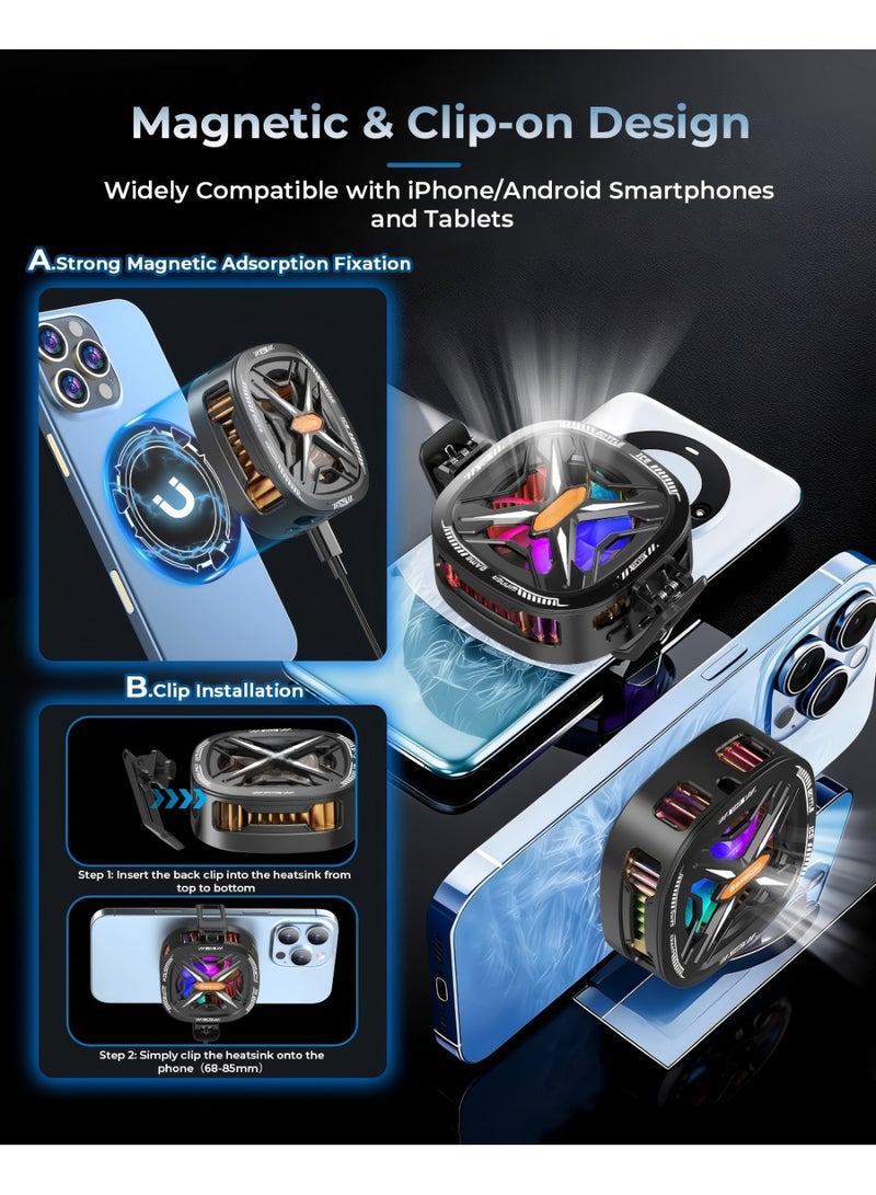 Guqile Magnetic mobile Cooler for Gameing with 3 Cooling Modes, Rgb Phone Cooler, Seven fan blades, Advanced Tech Cooling Chip, Compatible for Android and Ios devices, Silent and Portable, USB Port - Image 4